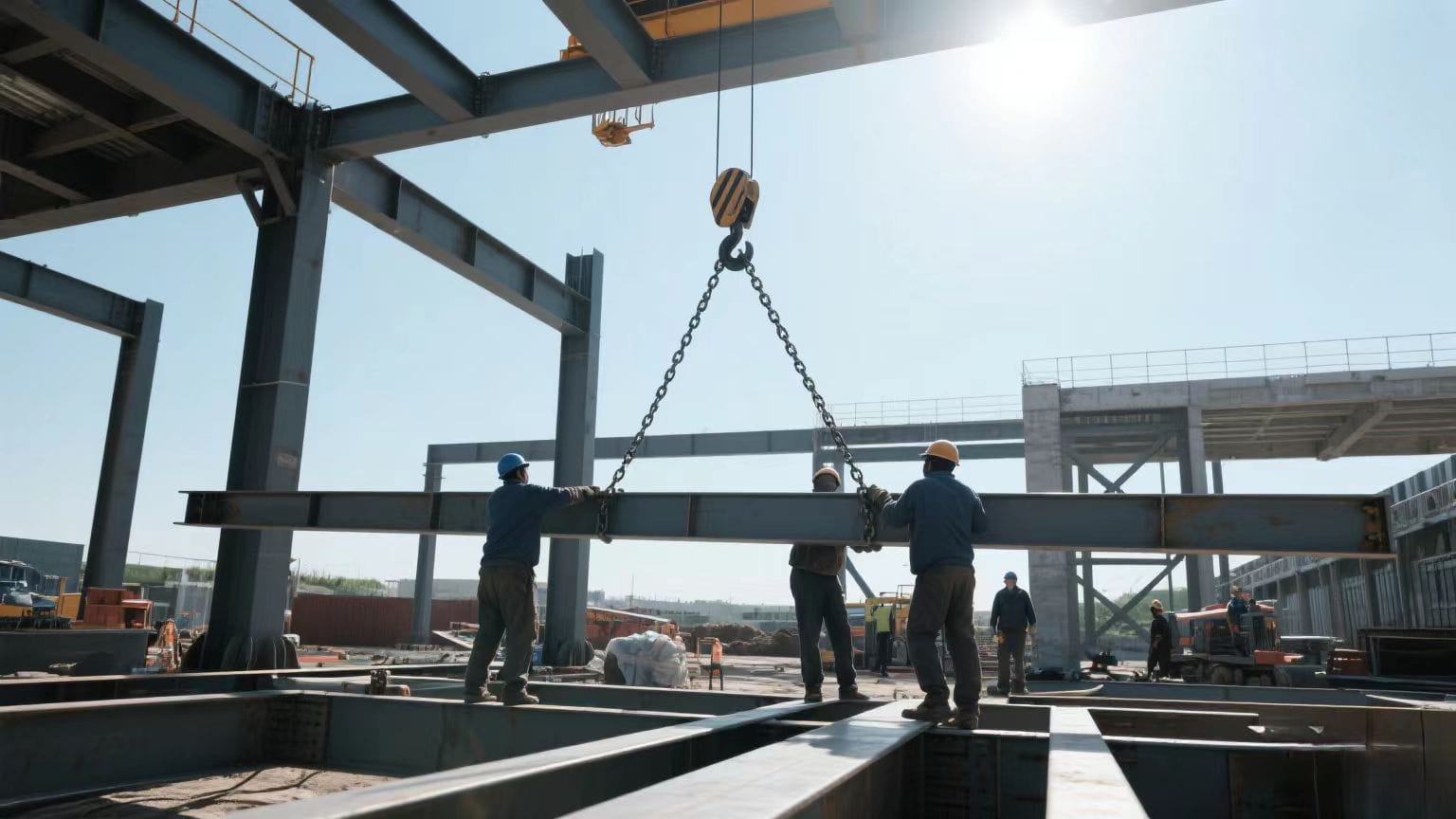 Construction workers using a chain hoist to lift steel beams at a building site.