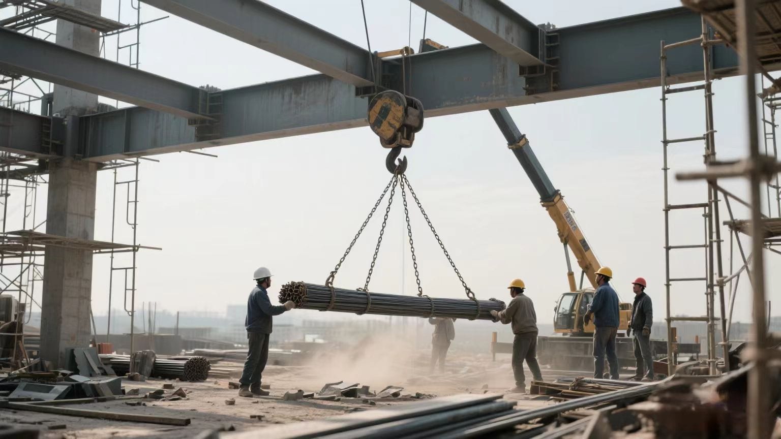Construction site hoist lifting steel materials