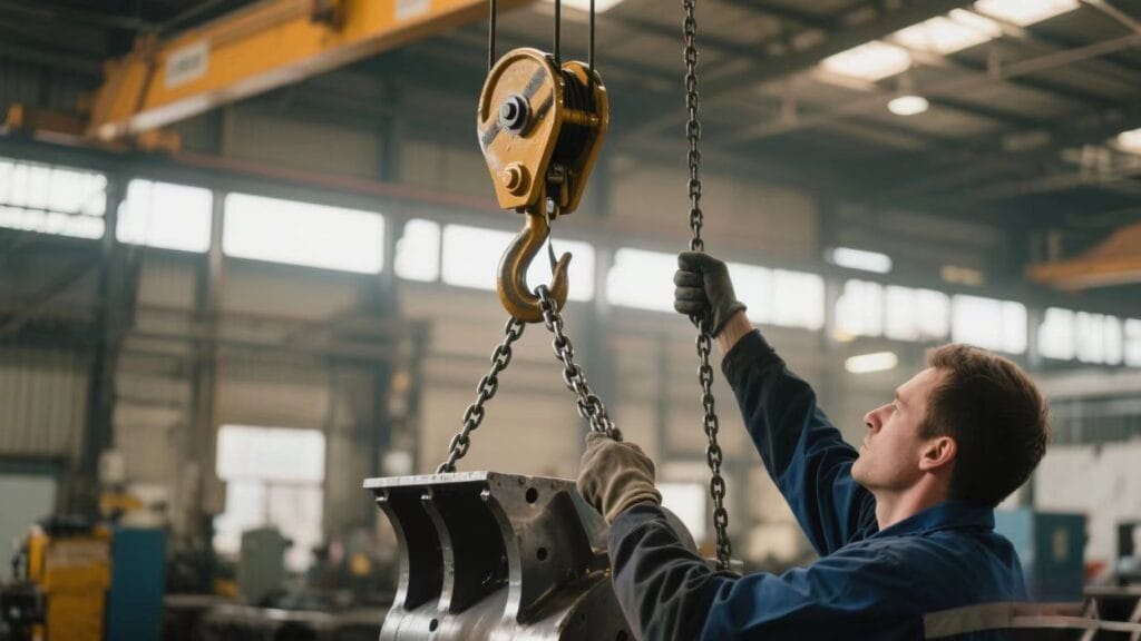 Worker operating a manual chain hoist to lift heavy equipment in an industrial workshop.
