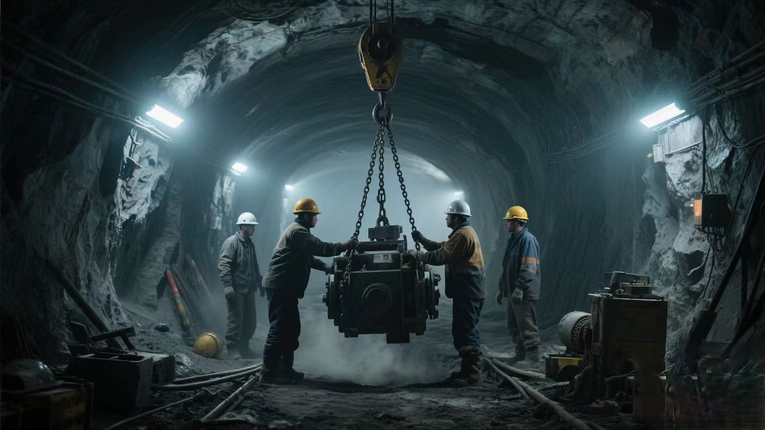 Mining workers using a chain hoist to lift machinery in a dusty underground environment.