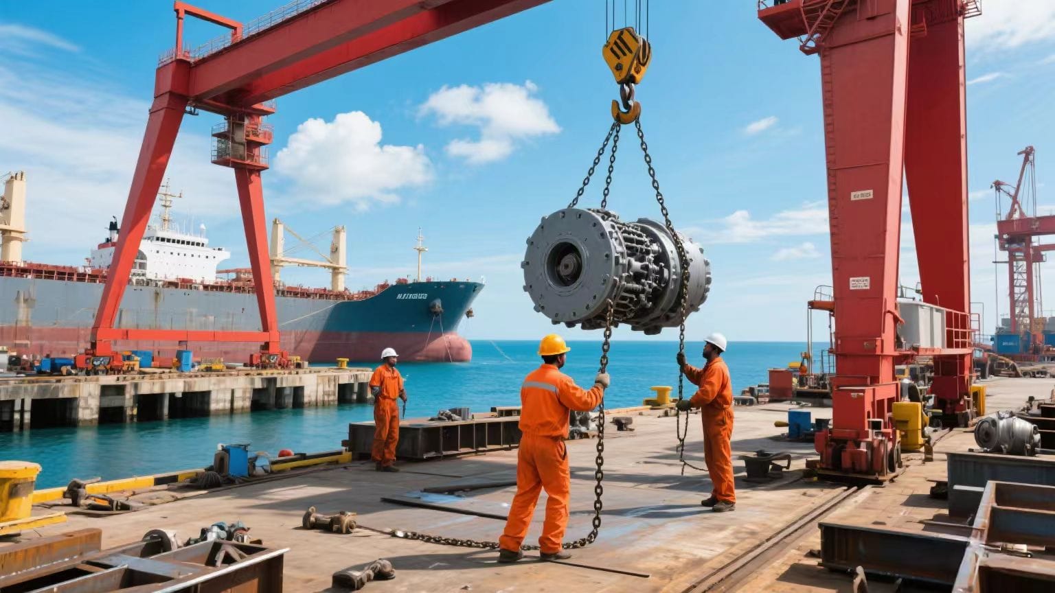 Shipyard workers using a chain hoist to lift marine components and cargo near a dock.