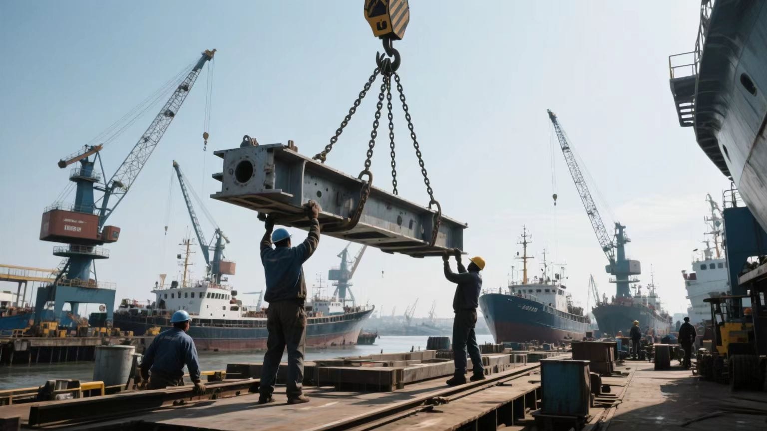 Shipyard hoisting marine components with chain hoist