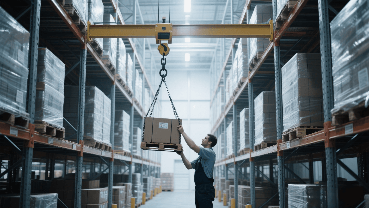 Warehouse lifting with chain hoist on overhead beam