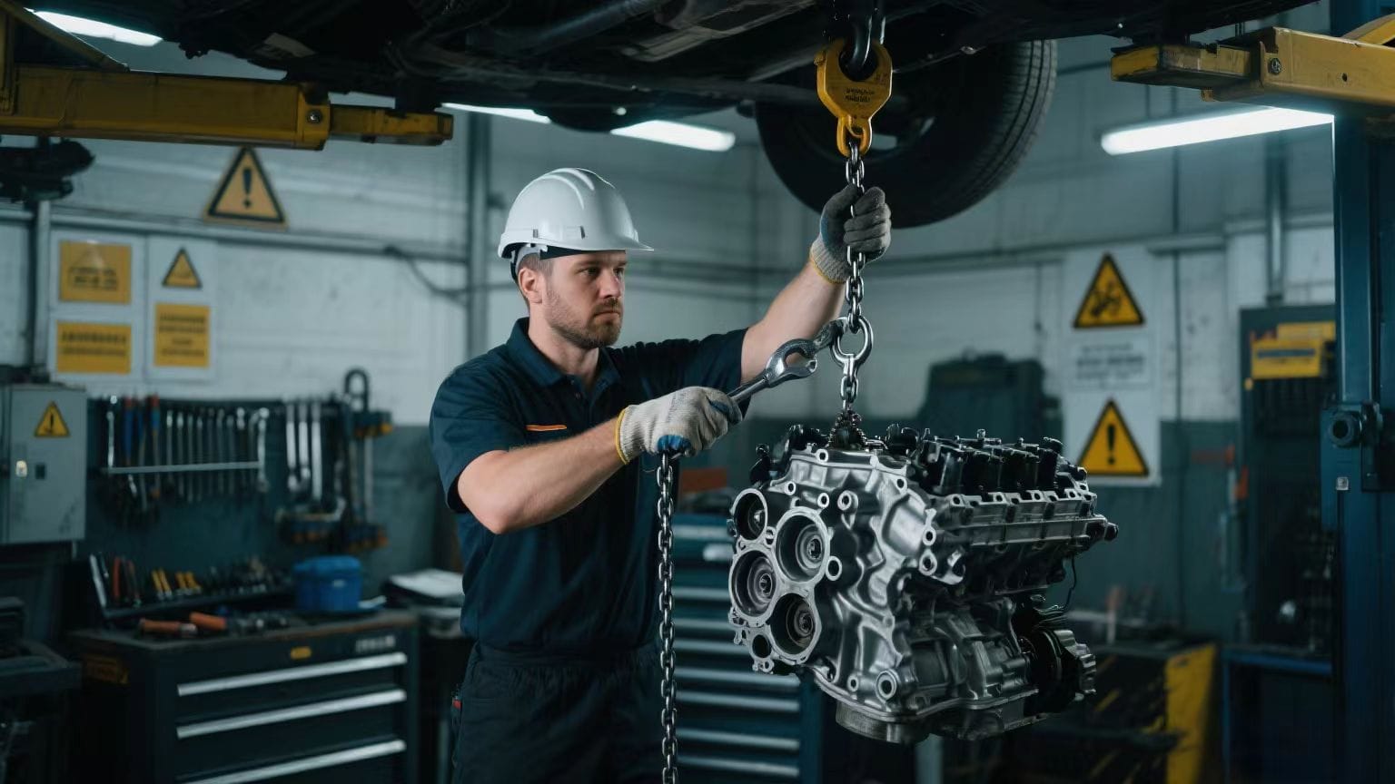 Technician using a chain hoist to lift an engine inside a maintenance workshop.