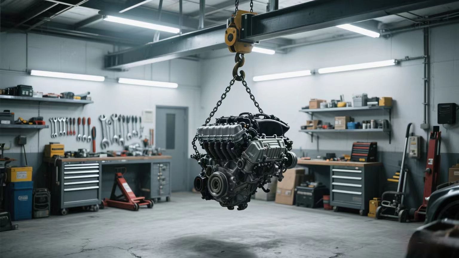 Workshop engine removal using manual chain hoist