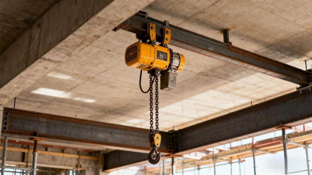 Low headroom chain hoist capacity lifting heavy beams in construction site with tight clearance
