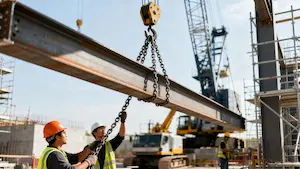 Manual chain hoist lifting steel beams at a construction site