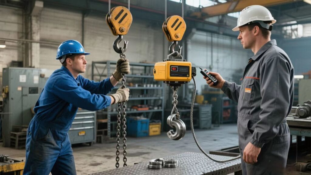 Comparison of a worker using a manual chain hoist and another using an electric hoist in an industrial workshop.