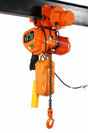 Real photo of KYLIFT Running Type 1 Ton Electric Chain Hoist with motorized trolley, designed for flexible horizontal movement and lifting in industrial environments.