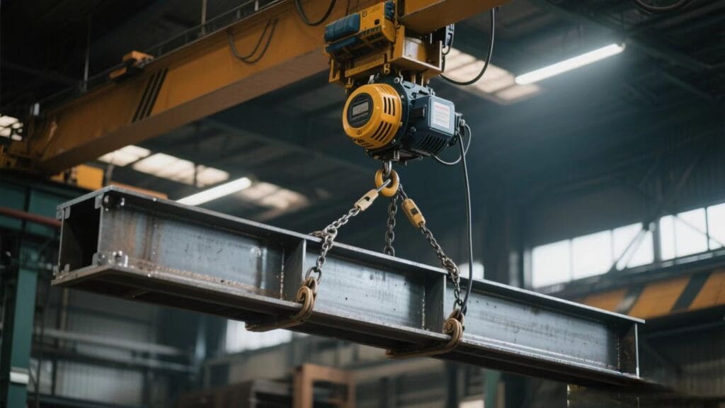 Electric hoist lifting heavy machinery in a workshop, demonstrating correct load capacity.