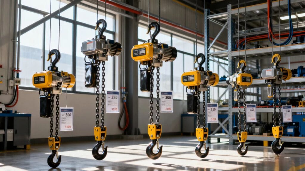 Low headroom chain hoist models shown with cost differences in an industrial setting.