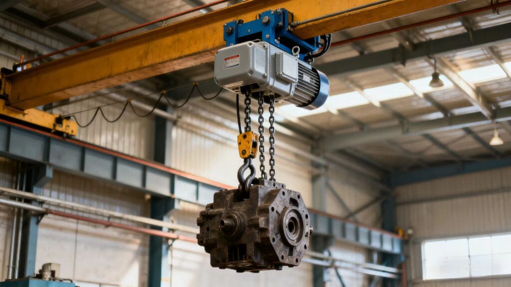 Low headroom electric chain hoist lifting heavy load in a workshop with limited ceiling height.