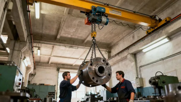 Workshop using a low headroom chain hoist to safely lift heavy loads in limited ceiling space.
