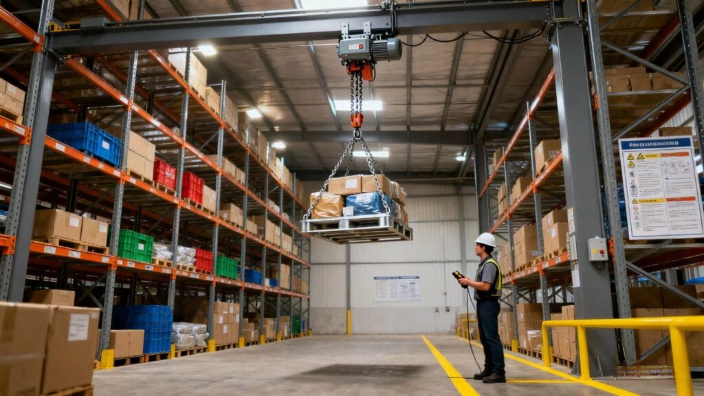 Low headroom electric chain hoist lifting pallets in a logistics warehouse with limited ceiling space.
