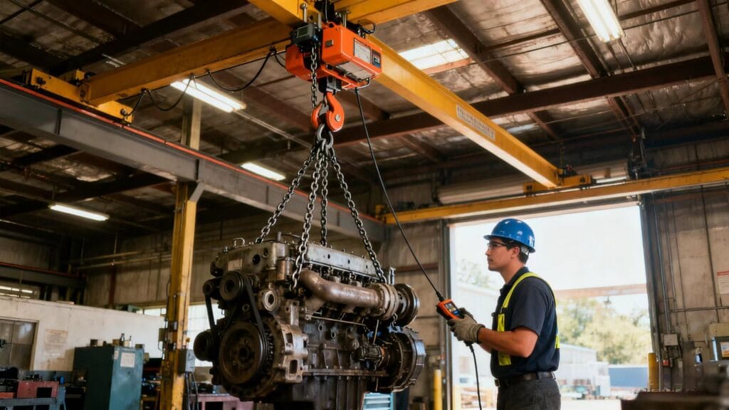 Worker using a low headroom hoist safely in a workshop with limited ceiling height.