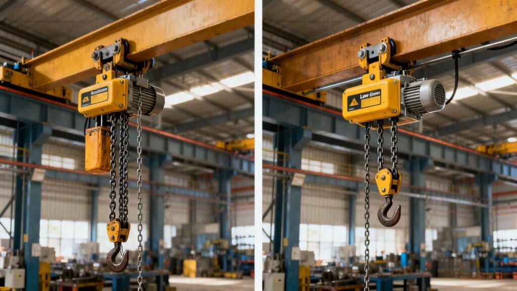 Comparison of standard chain hoist and low headroom chain hoist, highlighting design and headroom differences.