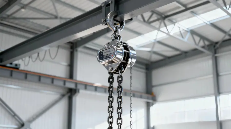 Manual chain hoist displayed in a clean industrial warehouse background, emphasizing strength, safety, and reliability, with light colors for a professional and trustworthy look.