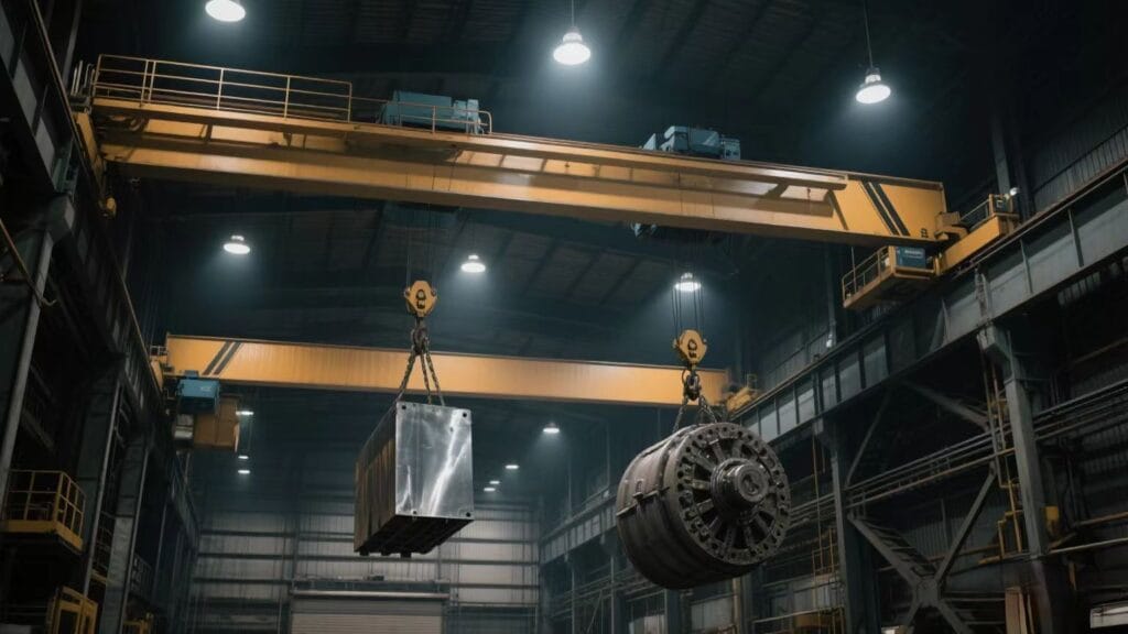 Comparison of single girder and double girder overhead cranes operating in an industrial warehouse.