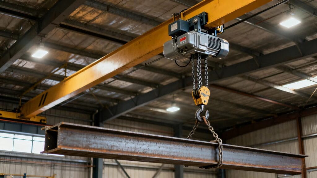 Low headroom electric chain hoist lifting heavy load in tight ceiling warehouse