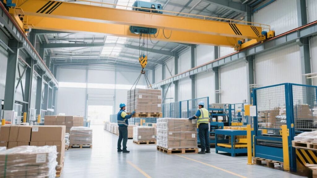 Warehouse logistics improved with overhead crane and hoist systems reducing manual labor costs.