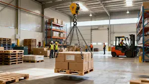 Manual chain hoist lifting crates in a warehouse environment