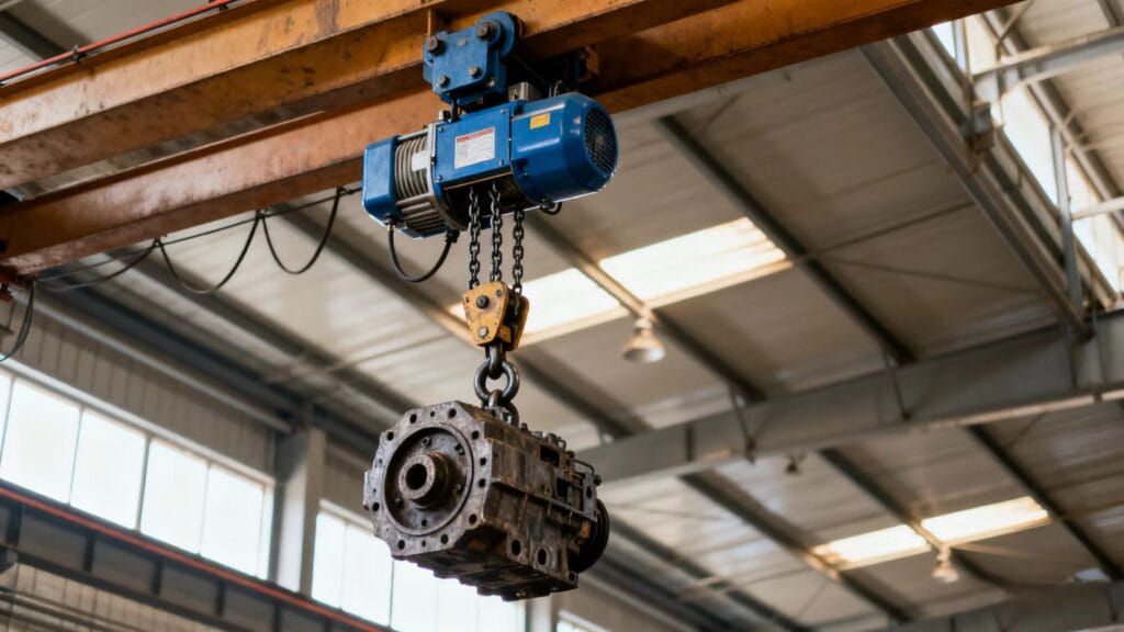 Low headroom chain hoist lifting machinery in a workshop with limited ceiling space.