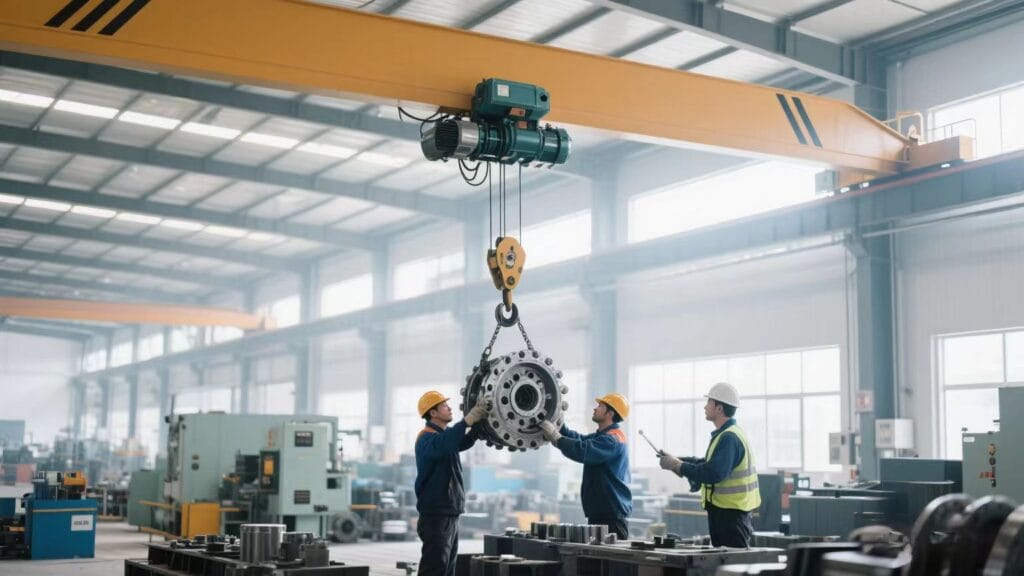 Workshop using hoists and overhead cranes to lift machinery parts safely and efficiently.