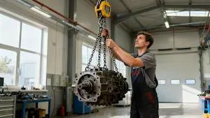 Manual chain hoist in use inside an industrial workshop