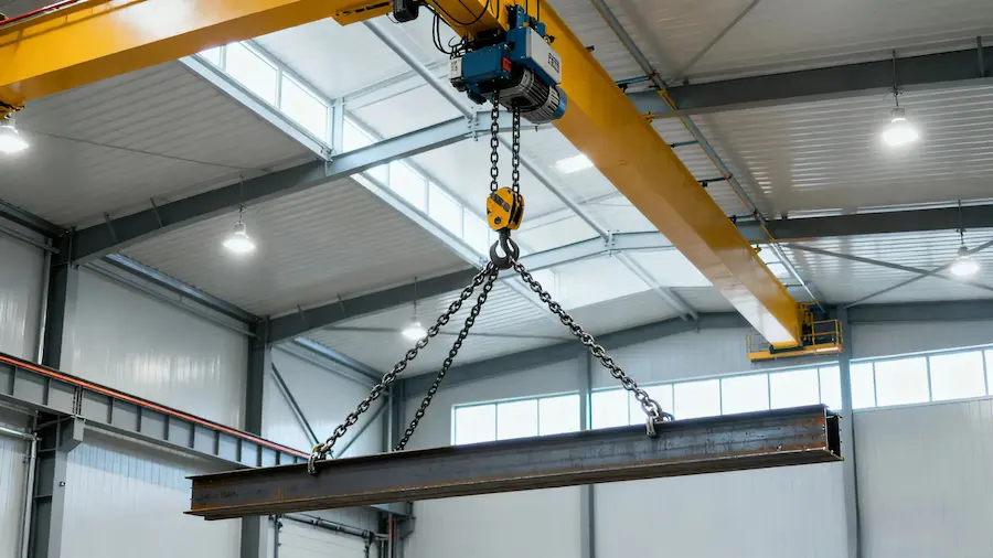 Electric chain hoist lifting a steel beam in a modern warehouse with bright lighting and industrial background.