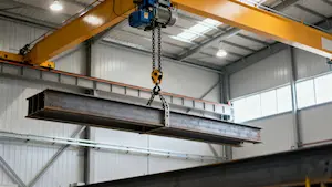 Electric chain hoist lifting prefabricated steel components at a construction site