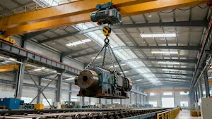 Electric chain hoist in operation inside a large industrial manufacturing plant