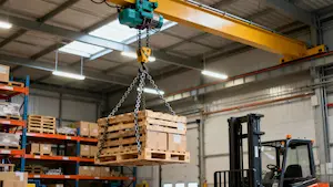 Electric chain hoist moving pallets and goods in a modern warehouse