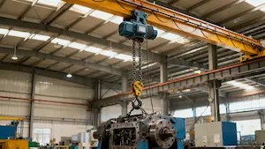 Electric chain hoist supporting machinery assembly in a workshop