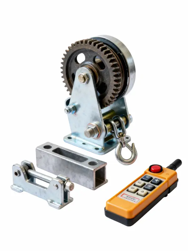 Geared trolleys, beam clamps, and remote controls for hoisting equipment