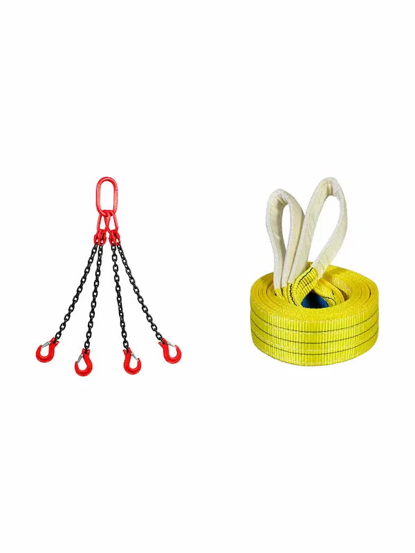 Chain slings, webbing slings, and shackles for industrial lifting applications