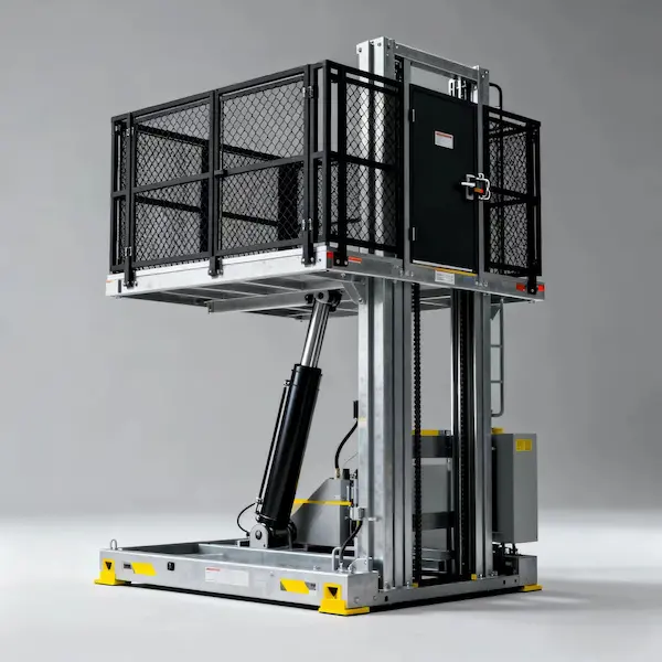Industrial side view of a fixed hydraulic cargo lift platform featuring a black safety mesh enclosure and reinforced steel frame for warehouse mezzanine material handling.