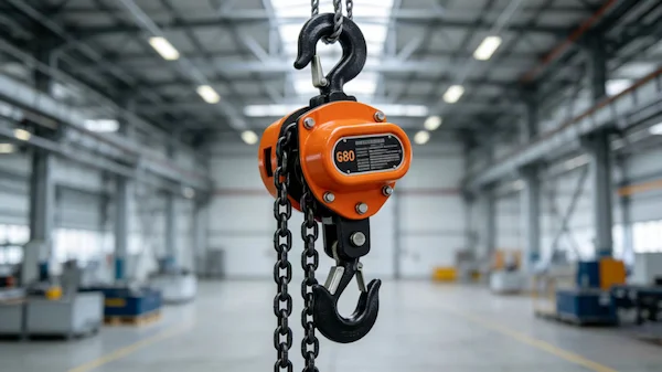 Heavy duty manual chain hoist lifting steel beam in industrial warehouse