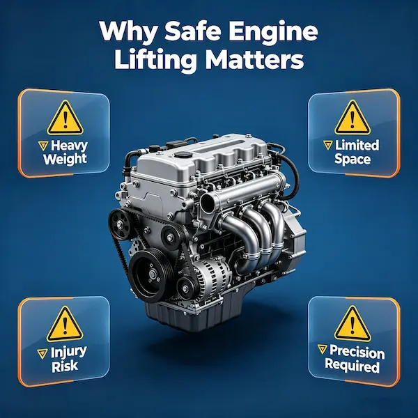 Garage Engine Lifting with Mini Electric Hoist in Workshop